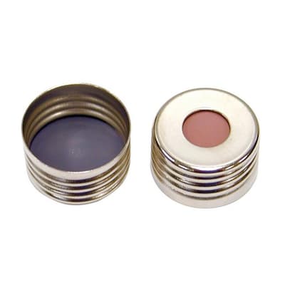 Chromatography Research Supplies 18 mm Pre-Assm Silver Screw Cap w/Butyl Red/PTFE Gray Septa(100/pk)